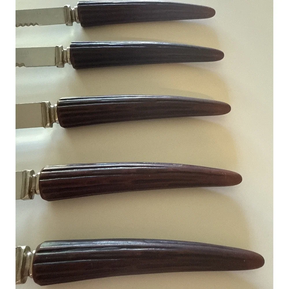 Vtg Regent Stainless Sheffield, England Bakelite Faux Stag Horn Steak Knives 5pc